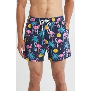 Party Pants How’s Mai Tie Swim Trunks XL Blue Floral Palm Tree Flamingo Print